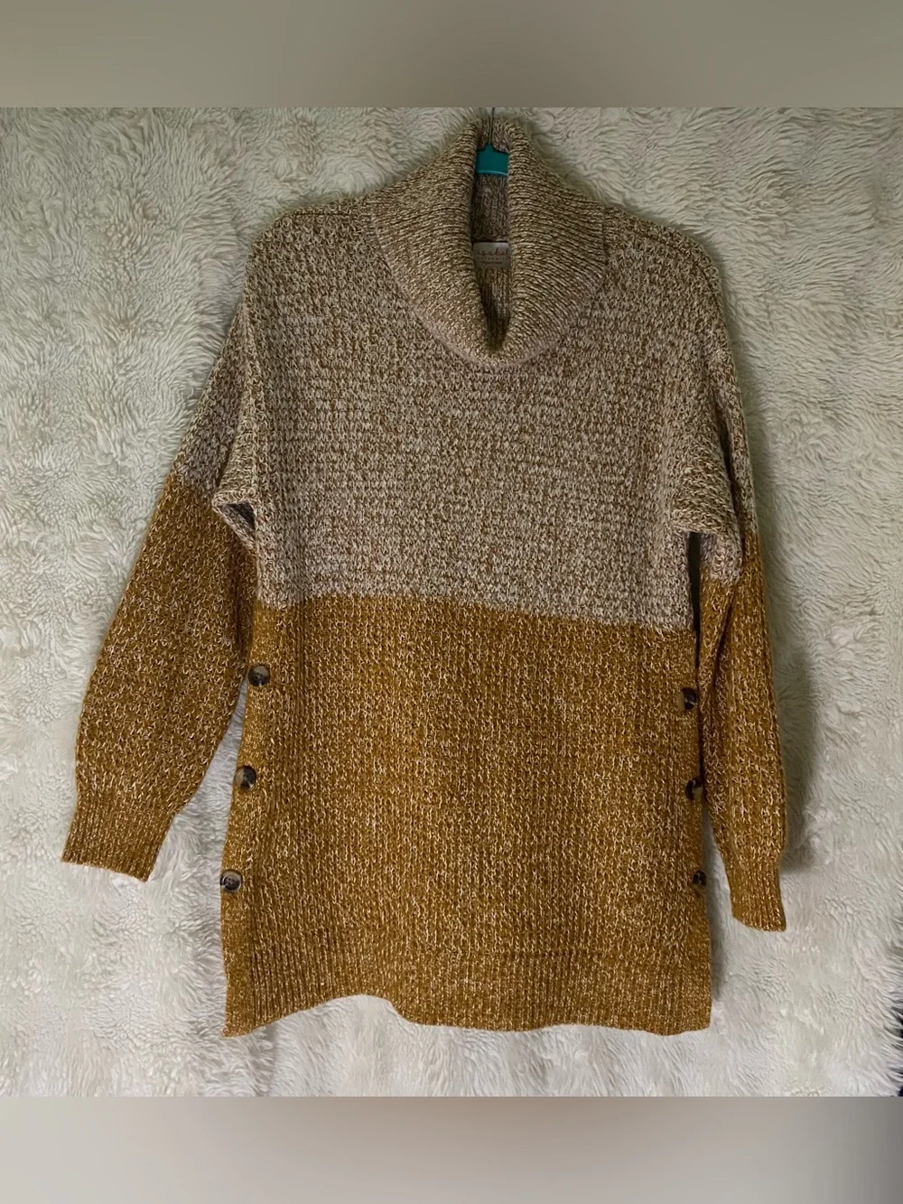Ingrid & Isabel Two-Tone Cowl Neck Sweater Tunic in Beige and Mustard - Picture 1 of 6